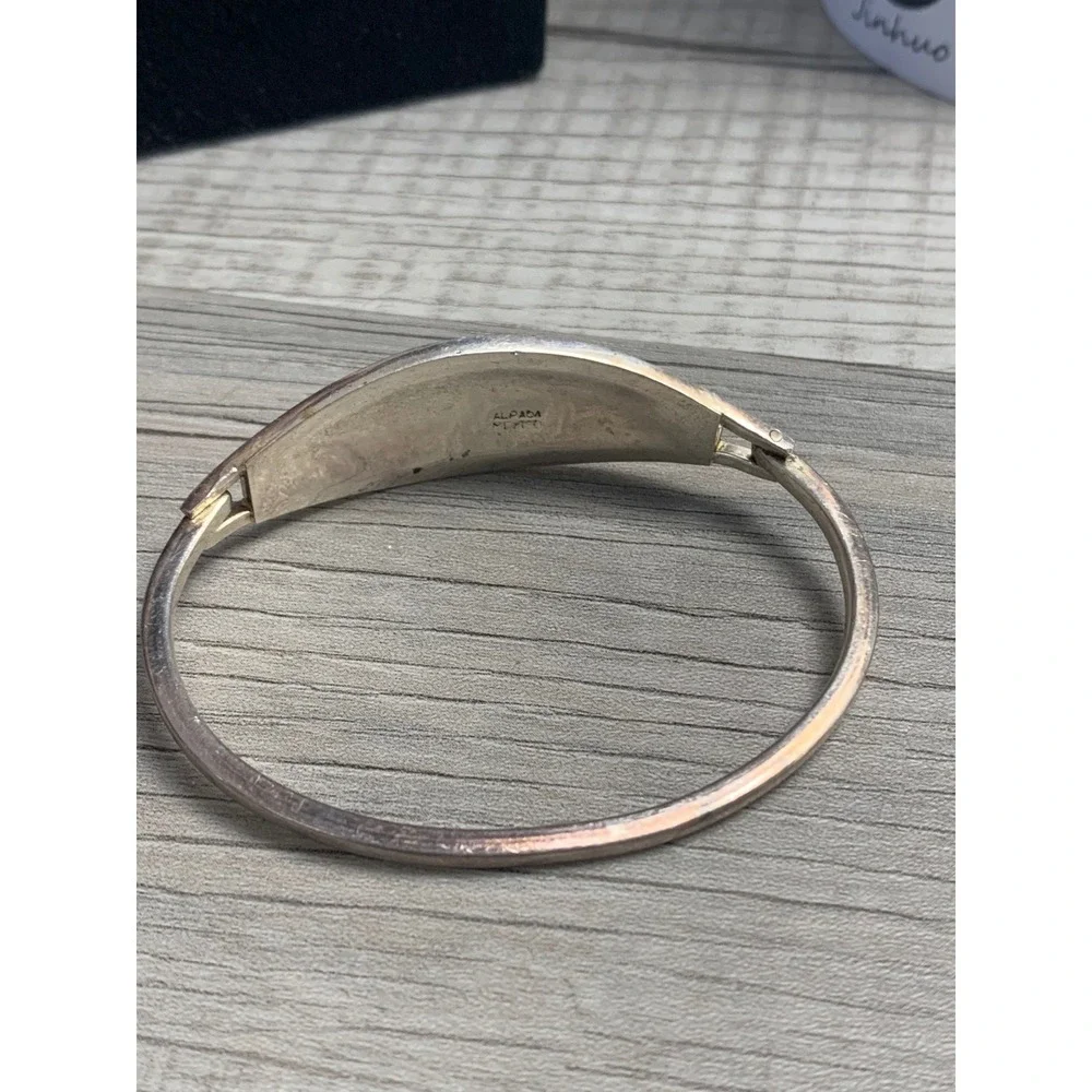 Vintage Alpaca Mexico Abalone Mother of Pearl Inlay Red Bangle Bracelet 6.5in